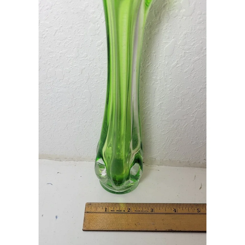 Vintage Wales Green Hand Blown Glass Swung Vase Scalloped Ruffled Made In Japan